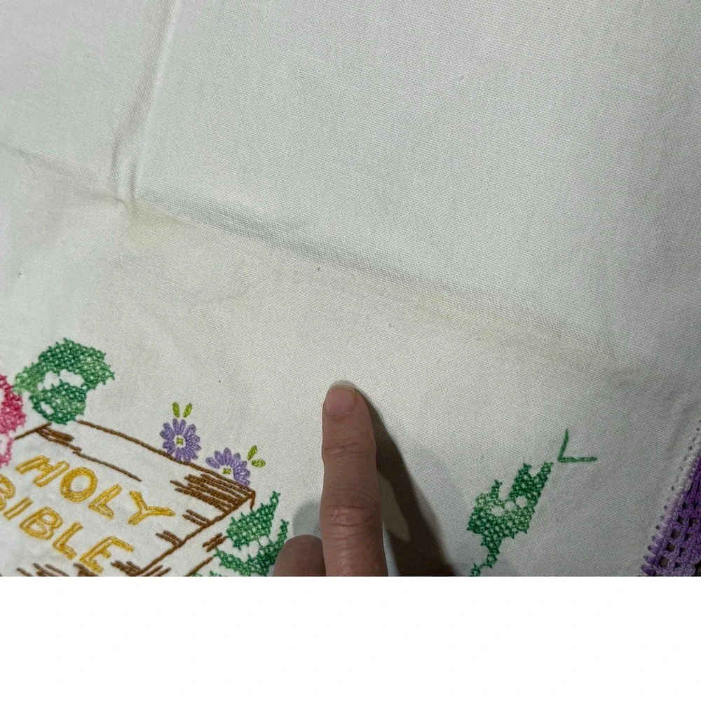 Vintage Cross Stitch Tea Towel Floral Bible Scripture Linen‎ Farmhouse